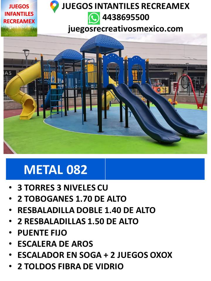 modulo de metal con 2 resbaldillas, 2 toboganes, escalera, torres de metal, escalador en soga, puente fijo, 2 juegos xoxo